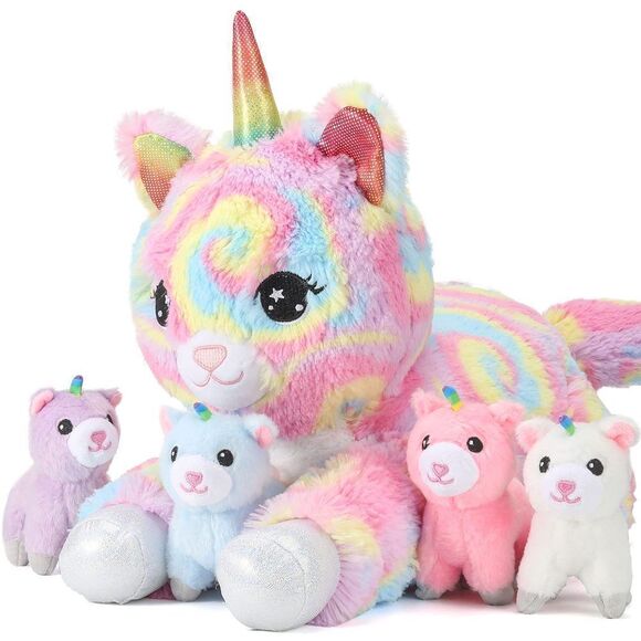 22inch Unicorn Stuffed Animals Cat Plush for Girls, Momma Cat Plushie with 4pcs